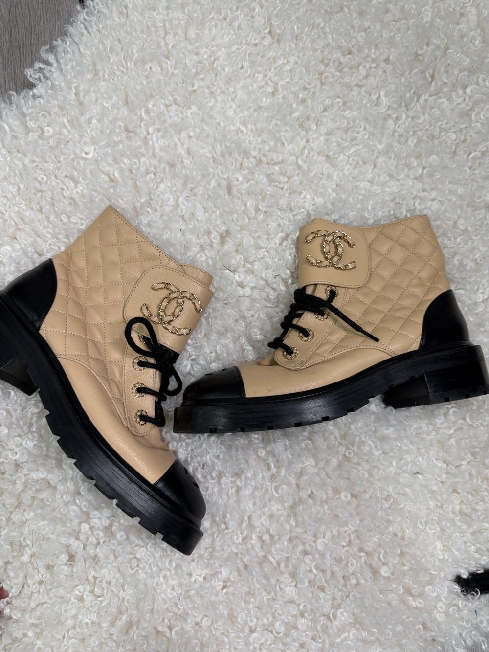 CHANEL Beige and Black Quilted Lace-Up Combat Boots